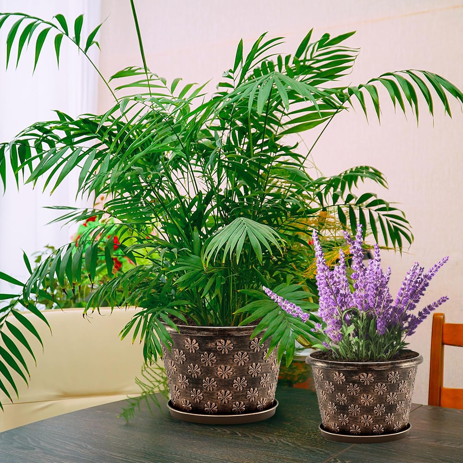 10 Inch Planter Pots for Plants, 4 Pack Plastic Large Flower Pots Indoor Outdoor, Resin Plant Pot with Drainage &