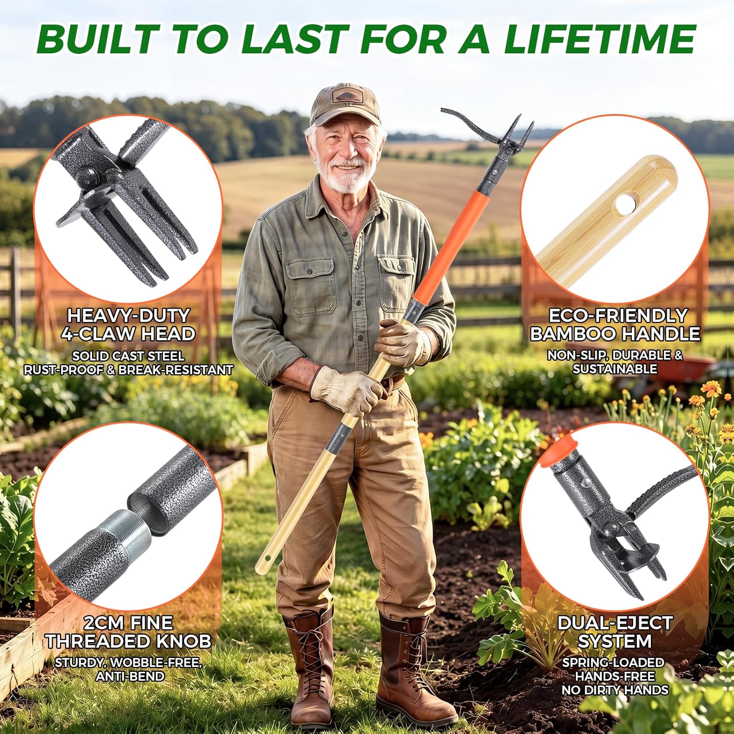 Stand Up Weed Puller Tool, 4-Claw Steel Head Deep Root Extractor with Dual-Eject Design, Real Bamboo Long Handle &