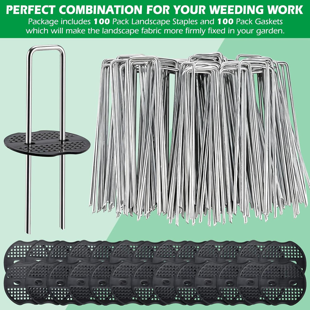 100 Pack Landscape Staples and 100 Pack Gaskets,11 Gauge 12" Galvanized Steel Garden Staples with Black Pads Turf