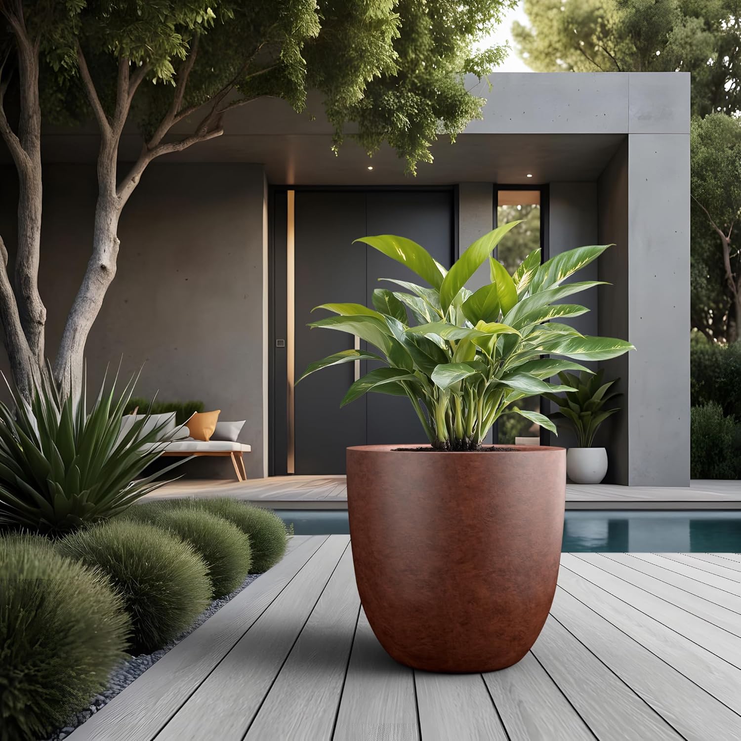Kante Large Round Bowl Rusty Concrete Planter 18" Dia, Outdoor | Rubber Plug for Indoor, Drainage for Garden