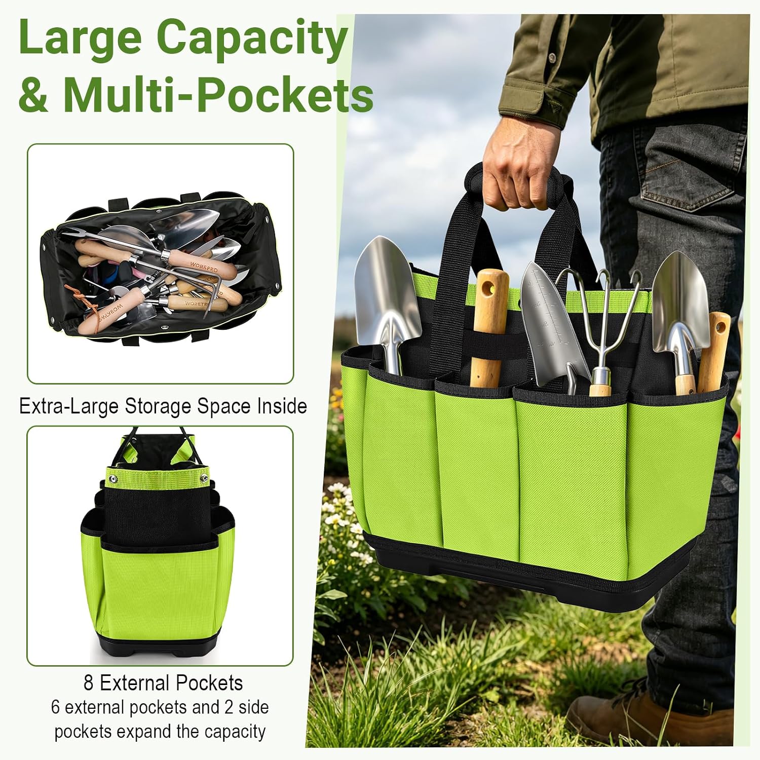 Garden Tool Bag with Waterproof Plastic Base, Heavy-Duty Oxford Garden Tote | Garden Tote Caddy Featuring 8 Pockets