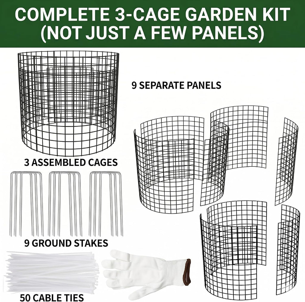 3Pack 17x14 Inch Green Coated Galvanized Wire Plant Protectors, 9Pcs Mesh Cloches with Stakes & Zip Ties, Chicken Wire