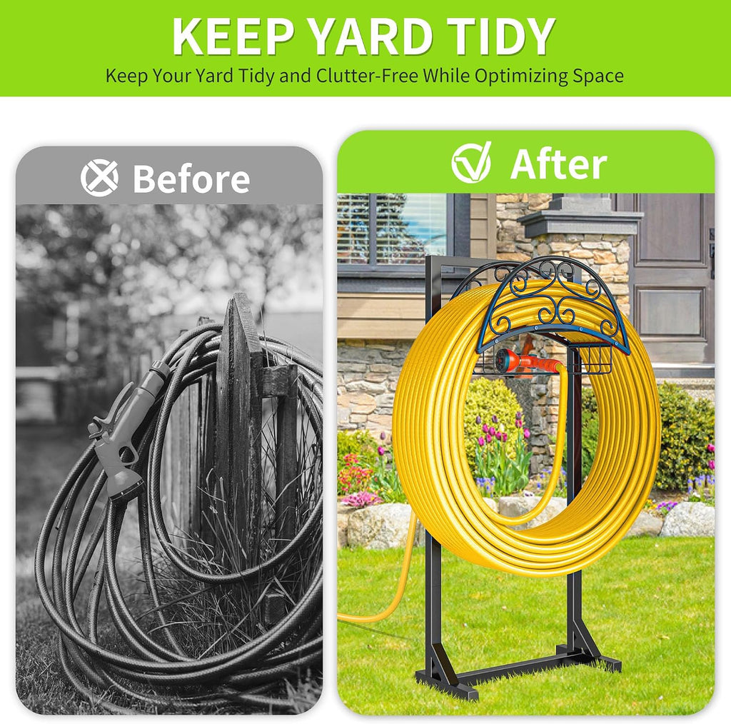 Gayuteay Garden Water Hose Reel Holder with Storage Basket for Outside | Holds 151ft Heavy Duty Freestanding Hose