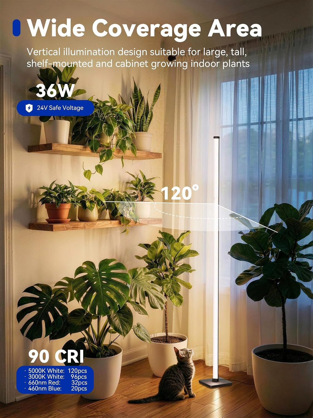Vertical Grow Light for Indoor Plants, 60in LED Standing Lamp | 36W Full Spectrum Plant Lights with Auto Timer, 268