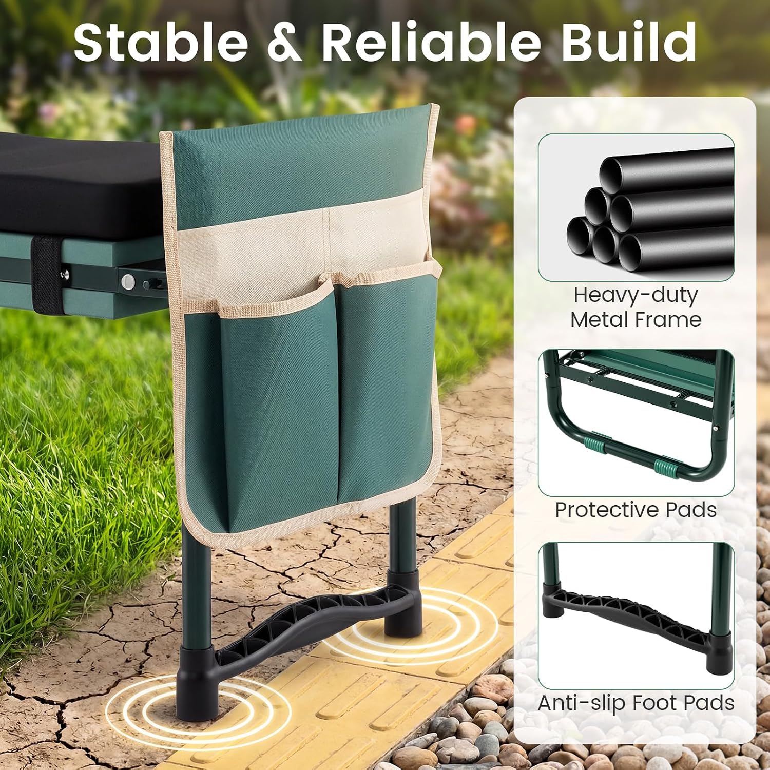 2-in-1 Garden Kneeler and Seat, Folding Garden Seat w/EVA Foam Kneeling Pad & Removable Tools Pouch, Sturdy Steel