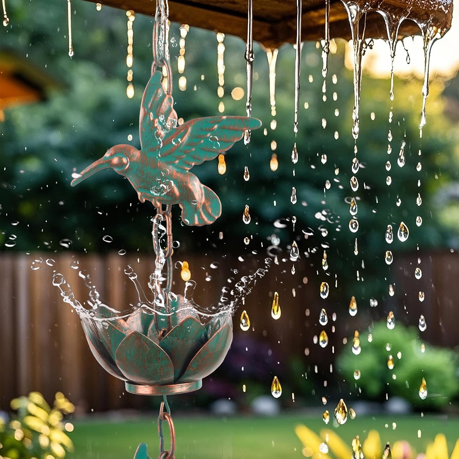 Rain Chain for Gutters Downspouts Outside,8.8ft Hummingbird Rain Chain with 12 Copper Lotus Rain Chain Cups,Functional