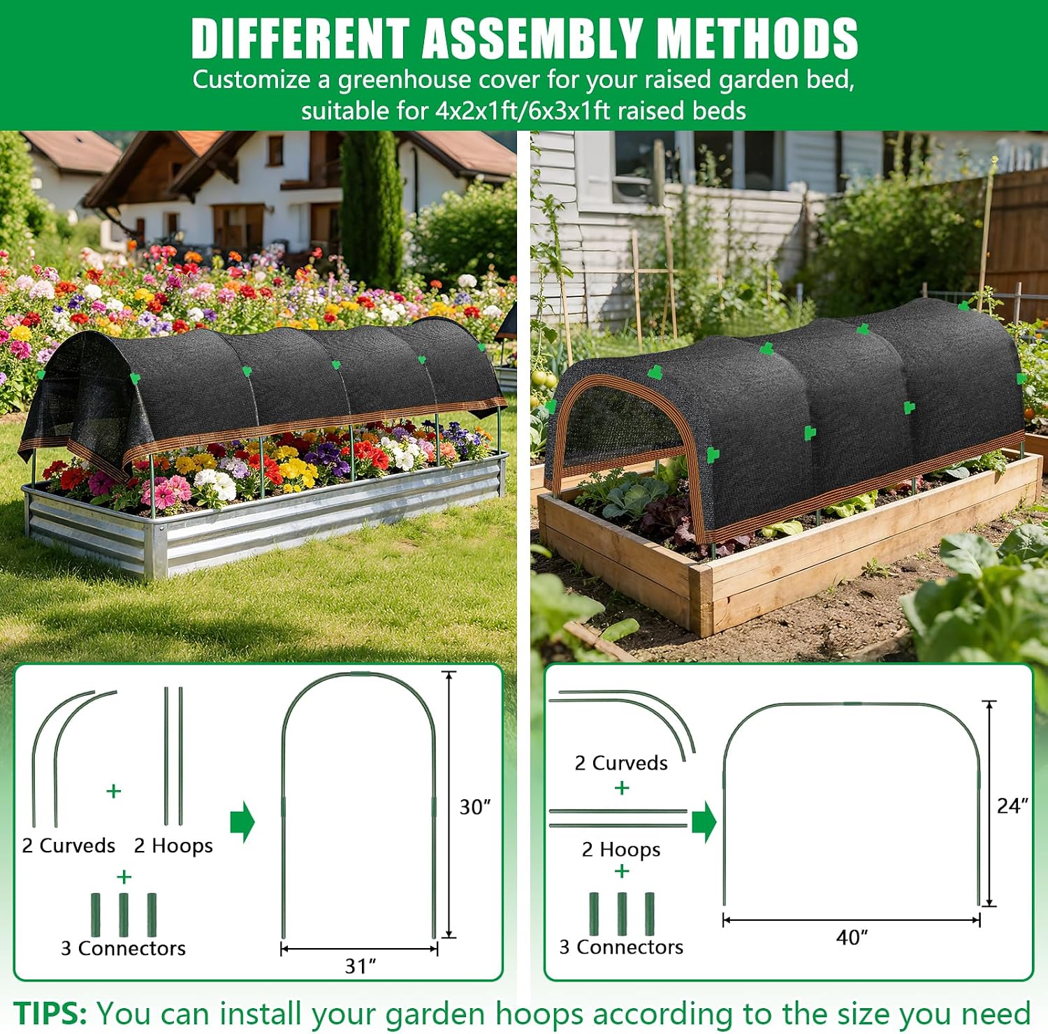 KJX 2 Pack 79"x40" Garden Shade Kit, 70% Garden Sun Shade Cloth with Hoops | Garden Shade Kit for Plants Heat