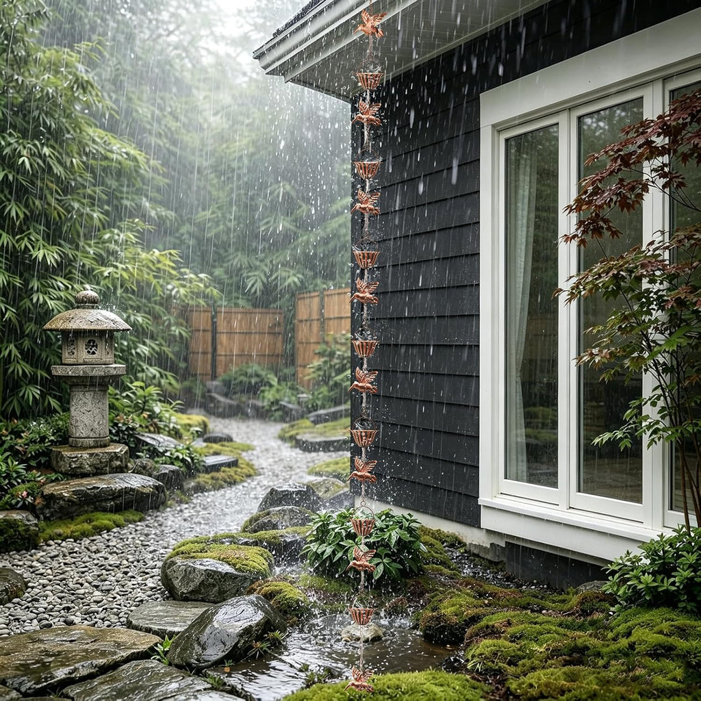 7.8FT Rain Chains for Outside, Copper Rain Chains for Gutters for Heavy Rains | Water-chian Catcher with 7 Metal Cups &