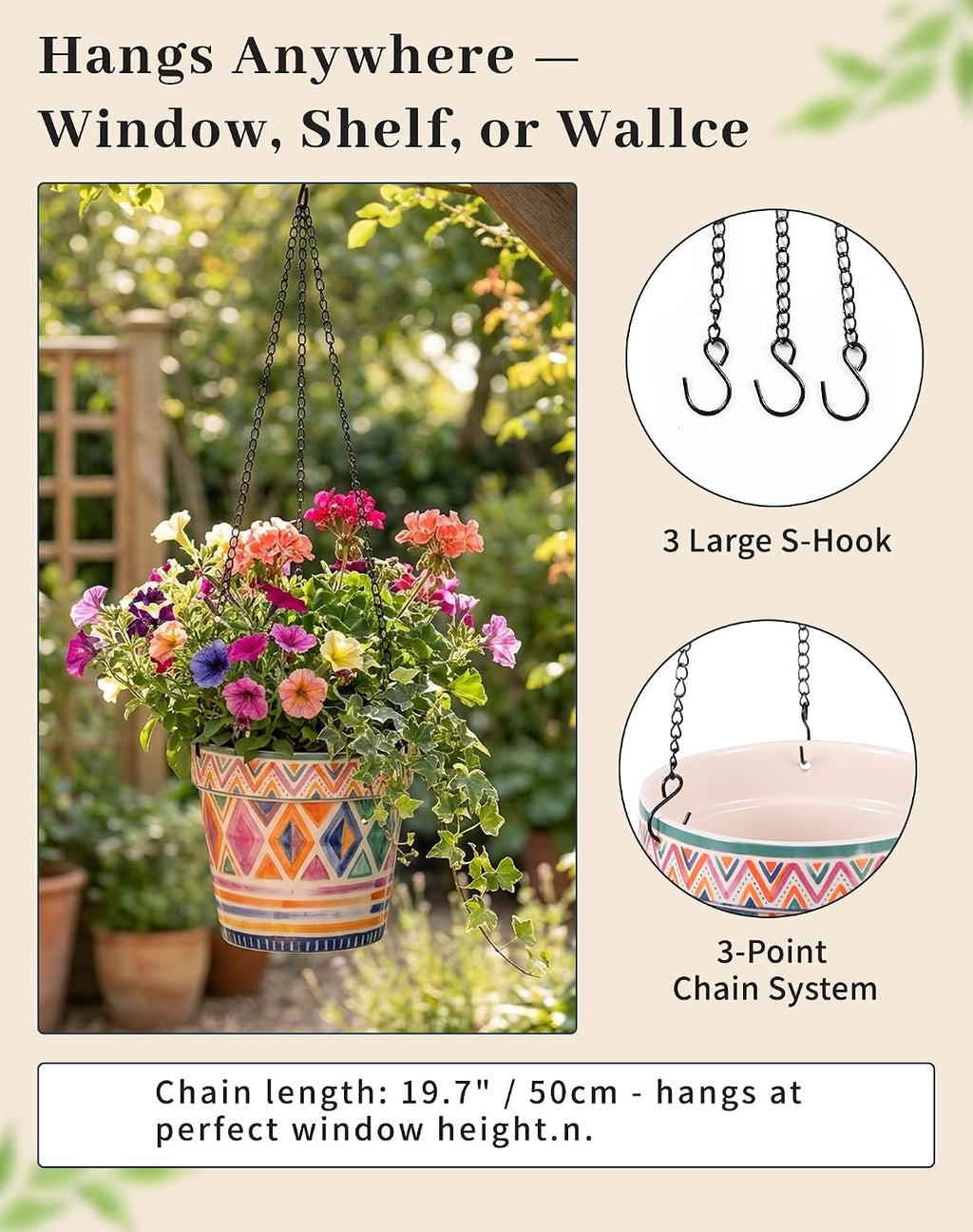 D'ORAMIE Boho Hanging Planter - 5.1" Stoneware Moroccan Geometric Pattern | Ceramic Indoor Outdoor Flower Pot with Iron