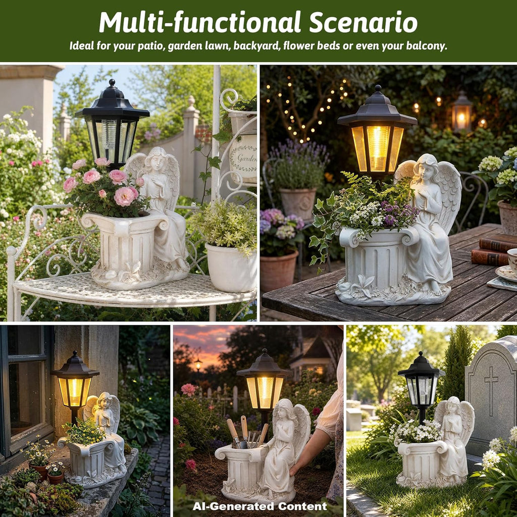 Solar Angel Outdoor Garden Statues with Lantern & Flower Pot | Resin Angel Figurines for Yard Lawn Porch Patio Balcony
