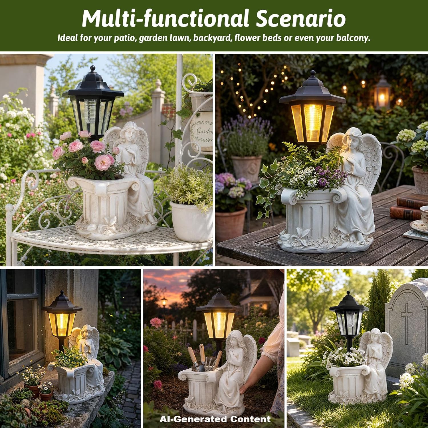 Solar Angel Outdoor Garden Statues with Lantern & Flower Pot | Resin Angel Figurines for Yard Lawn Porch Patio Balcony