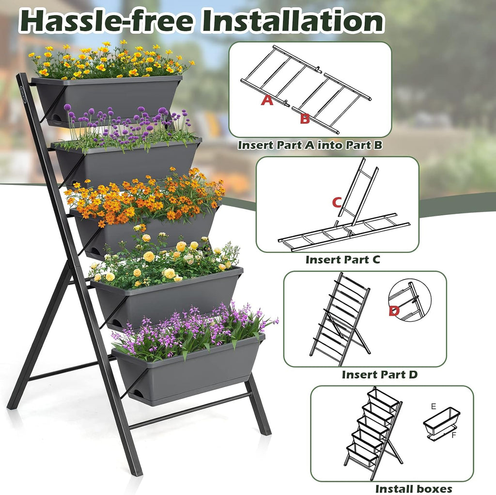 COSTWAY Vertical Raised Garden Bed, 5 Tier Planter Box with Drainage Holes for Vegetables, Grass, Flowers, Freestanding