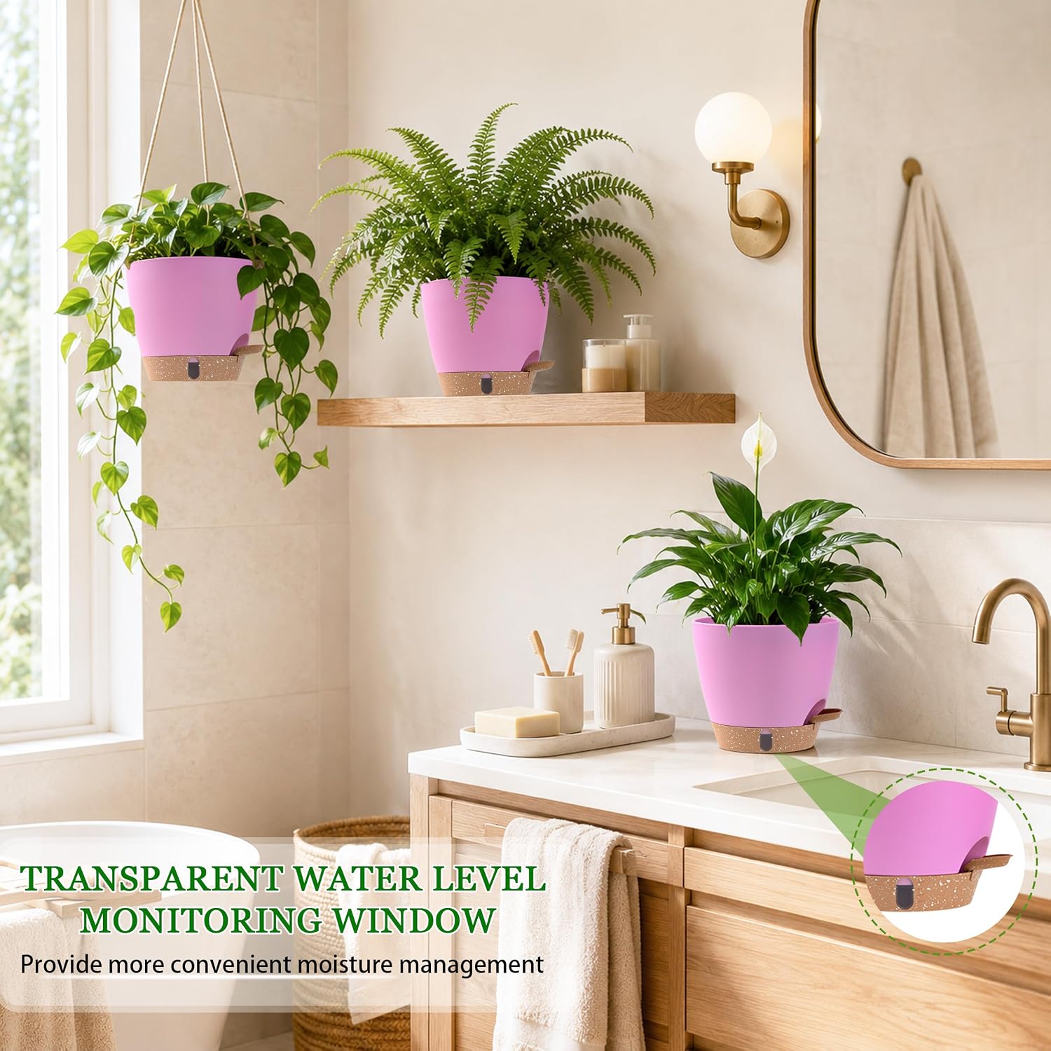 Self Watering Pots for Inoor Ourdoor Plants 8/7/6.5/6/5 Inch, 5 Pack | Plastic Planters with Drainage Holes & Water