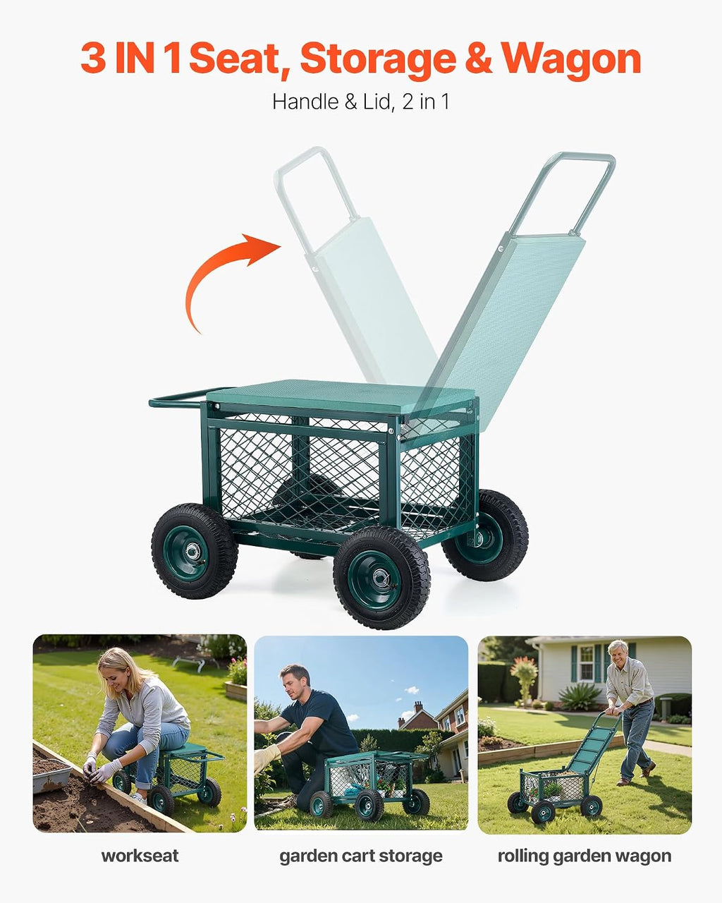VEVOR Rolling Garden Cart with Seat, Metal Rolling Garden Work Seat with Wheels, Supports up to 400 LBS, Heavy Duty