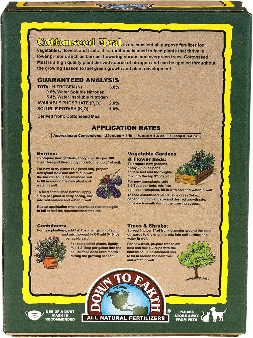 Down To Earth All Natural Fertilizers Organic Cottonseed Meal - 6-2-1, 5 lb | Plant Food for Low pH, Acid Soil Loving