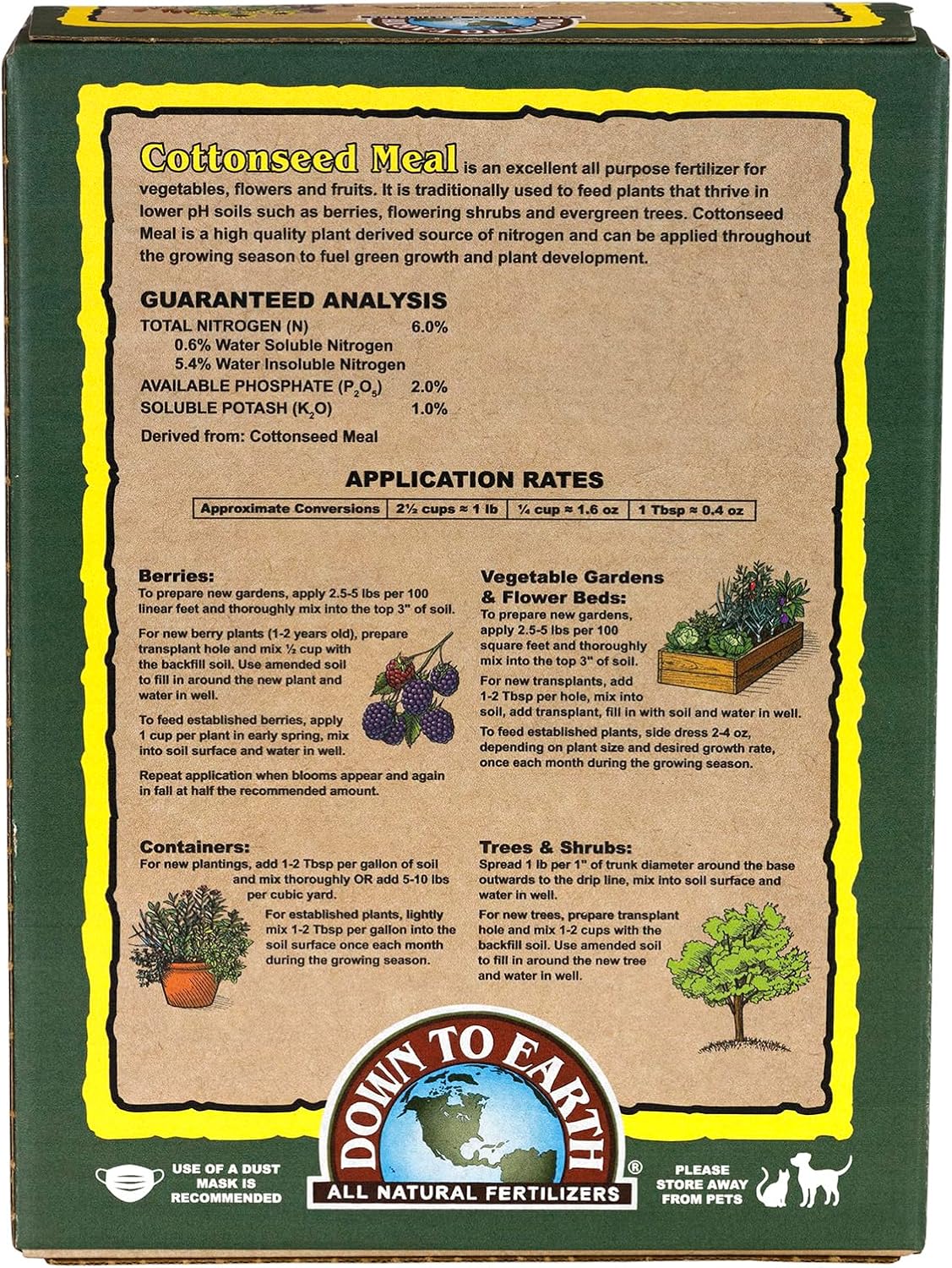 Down To Earth All Natural Fertilizers Organic Cottonseed Meal - 6-2-1, 5 lb | Plant Food for Low pH, Acid Soil Loving