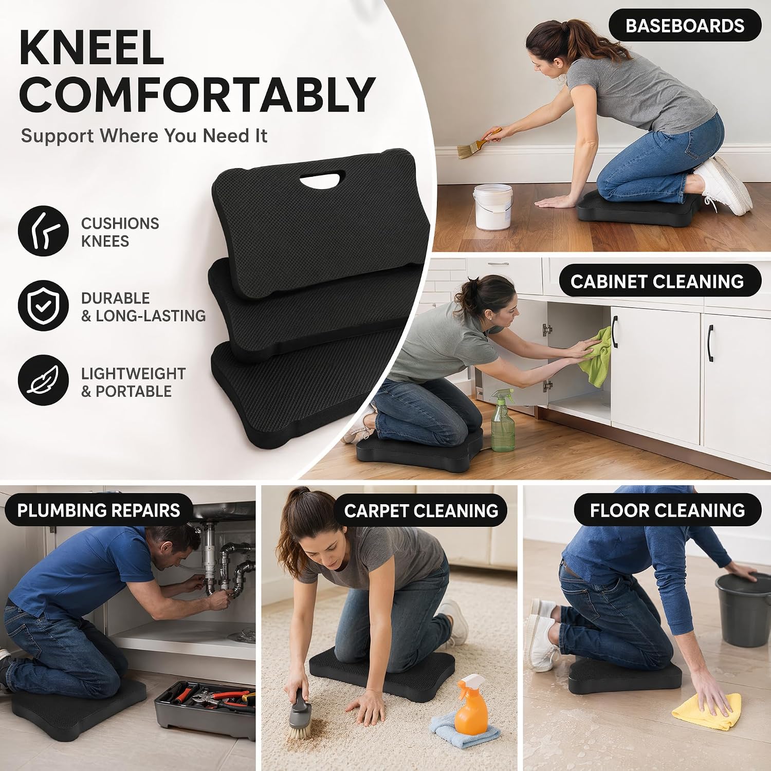 ZENFUN 3 Pack Kneeling Mats, Waterproof Kneeling Pad, Black Heavy Duty Thick Foam Knee Cushion, High Density Premium
