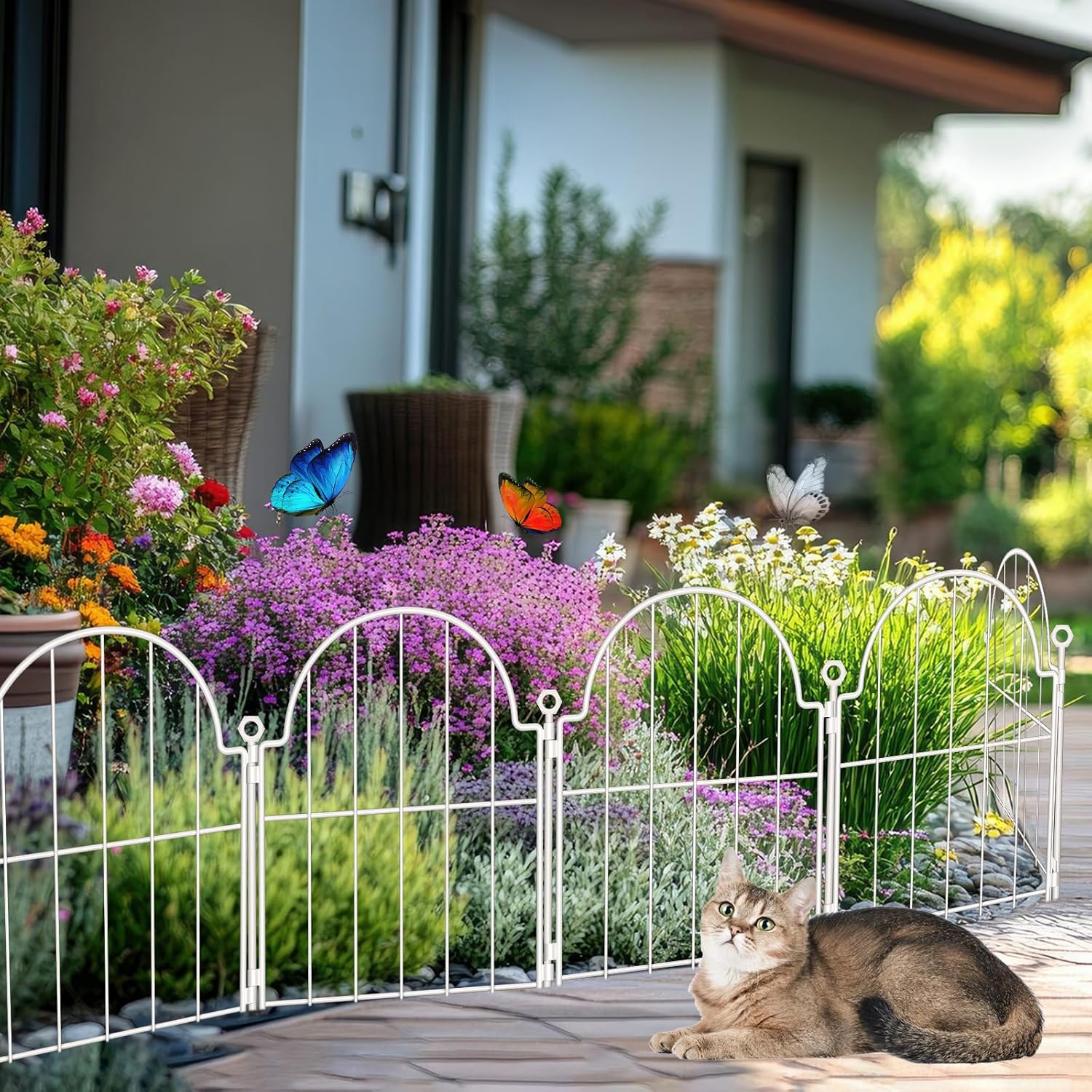 30 Pack White Decorative Garden Fence, 17in(H) x 32ft(L), with Ground Stake | Arched Rustproof Metal No Dig Garden