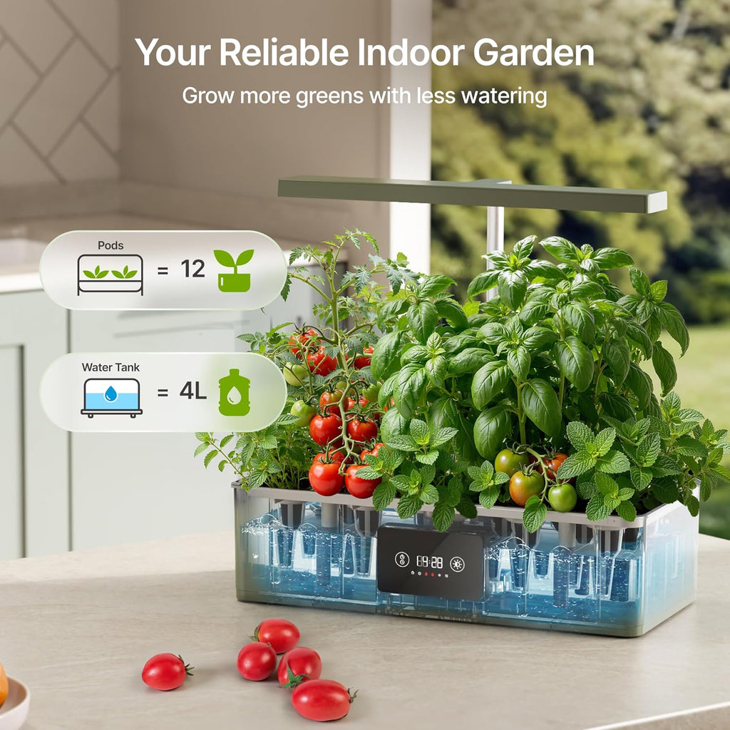 Hydroponics Growing System Kit with 24W Dimmable LED Light, Green | 12 Pods Indoor Herb Garden with Timer & Local Time