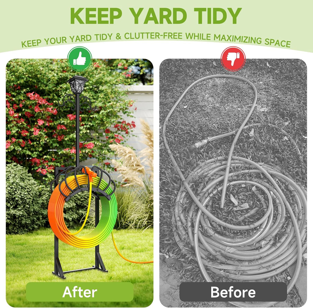 Garden Water Hose Holder with Solar Light & Shepherds Hooks for outside | Stores 160" Hose, Freestanding with Double