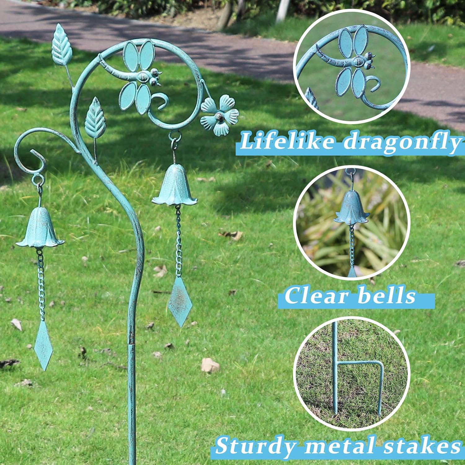 Dragonfly Metal Garden Art,Decorative Garden Stake with Bells for Outside | 46.8"H Dragonfly Garden Decor,Wind Chime