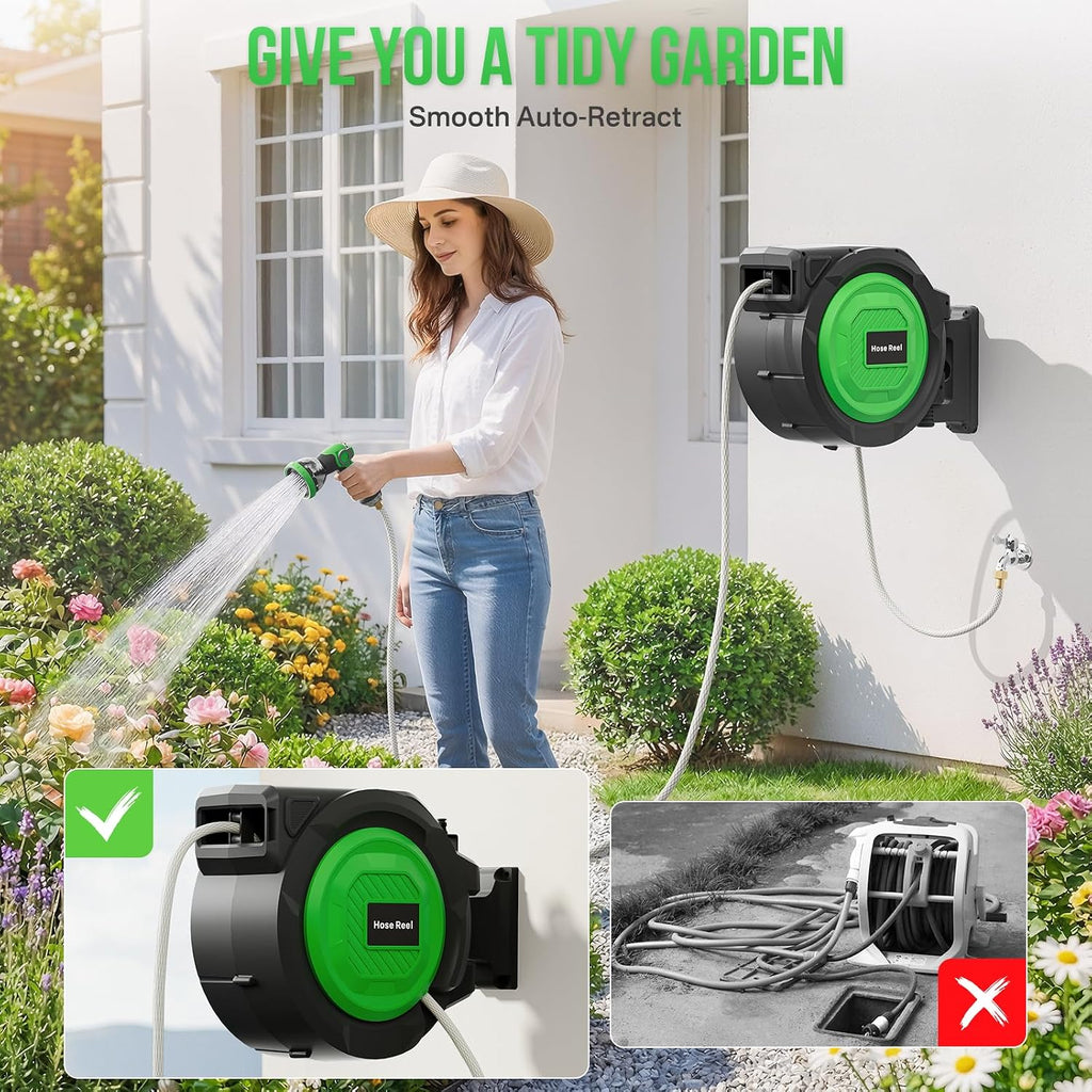 Retractable Garden Hose Reel, 1/2 in x 150 ft Heavy Duty Wall-Mounted Hose Reel with 180° Swivel Bracket, 10-Pattern
