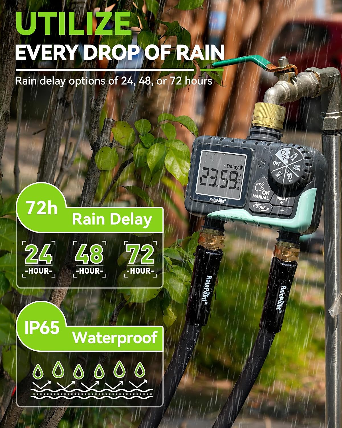 RAINPOINT 2 Zone Sprinkler Timer with Brass Inlet and Outlet - Water Timer for Garden Hose with Rain Delay/Manual