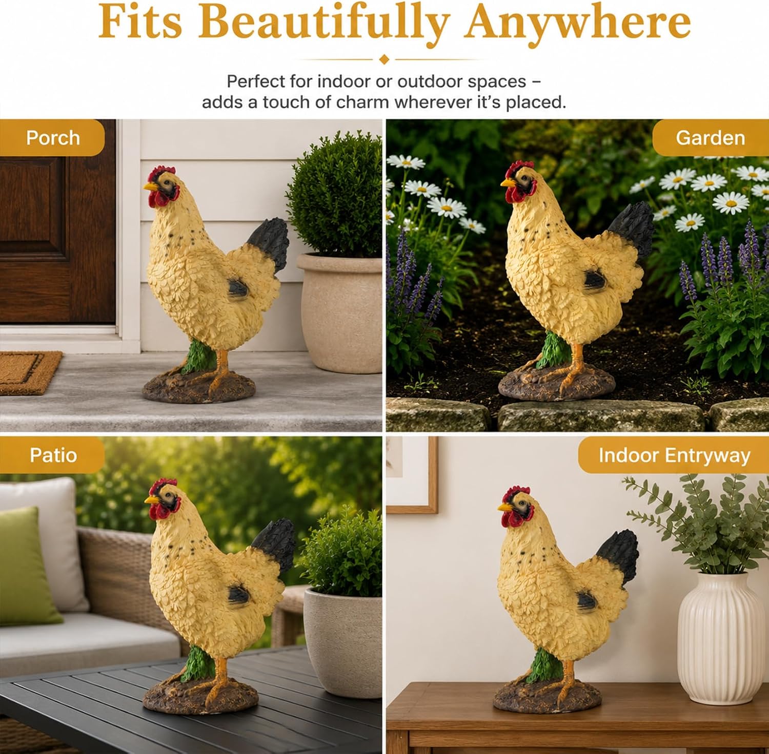 Outdoor Yellow Hen Statue for Garden, Yard & Flower Bed Decor | Weather-Resistant Resin, Chicken Figurine Adds