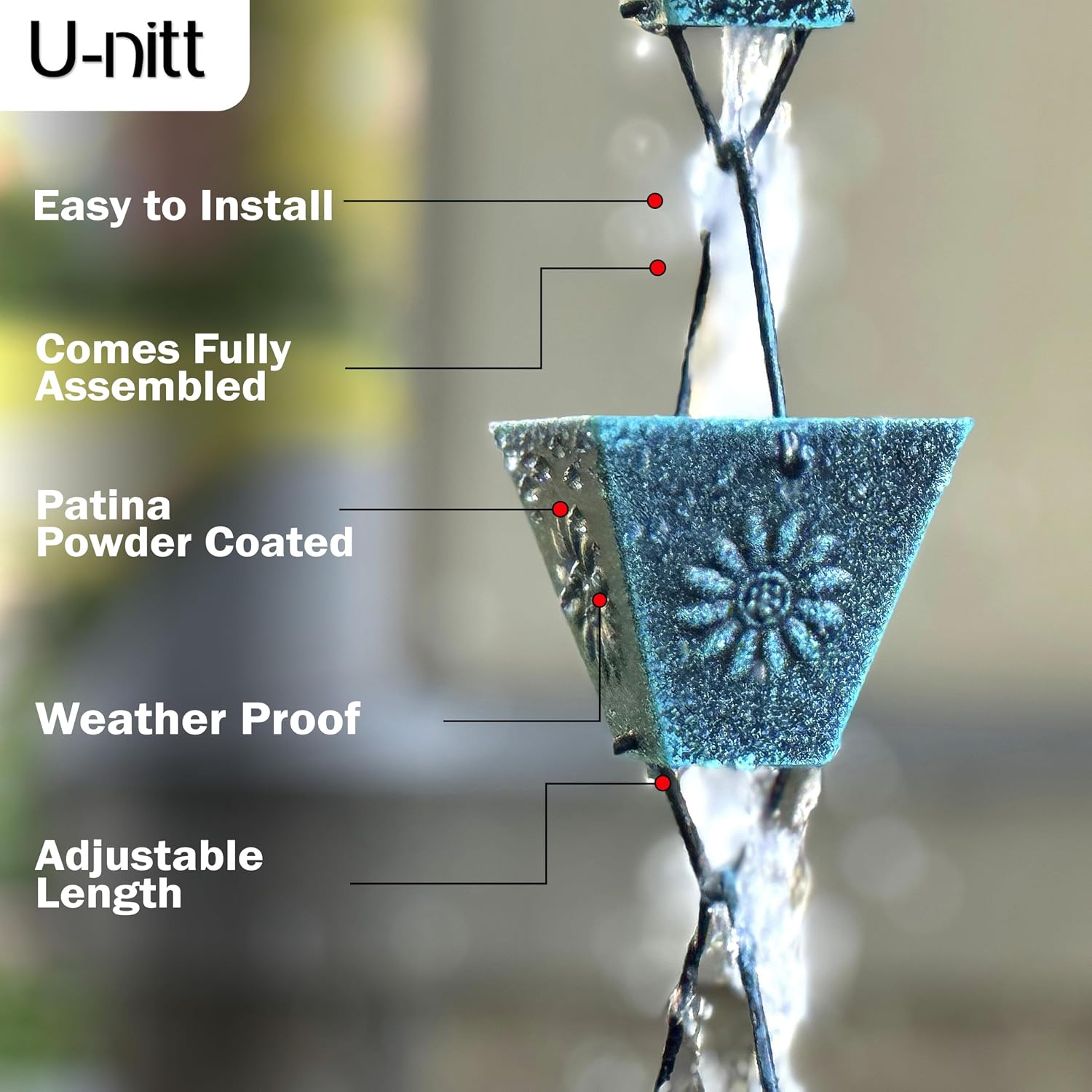 U-nitt Rain Chain Water Collection for Gutters Rainwater Catcher & Diverter, 8.5 FT Chains for Outside Garden Patina