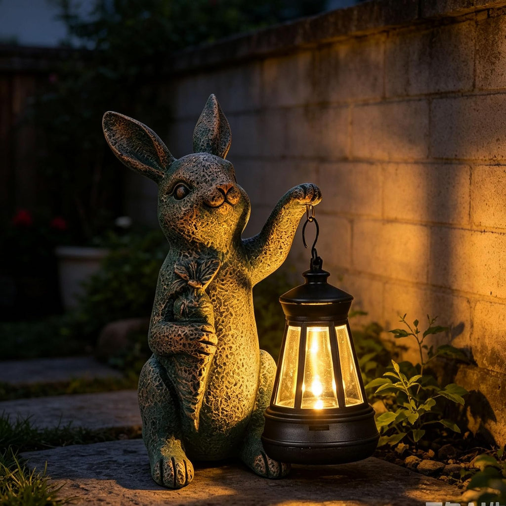 Solar Garden Statues -Rabbit Lantern Outdoor Handmade Resin Statue with LED Light, Cute Carrot Holder for Patio, Yard