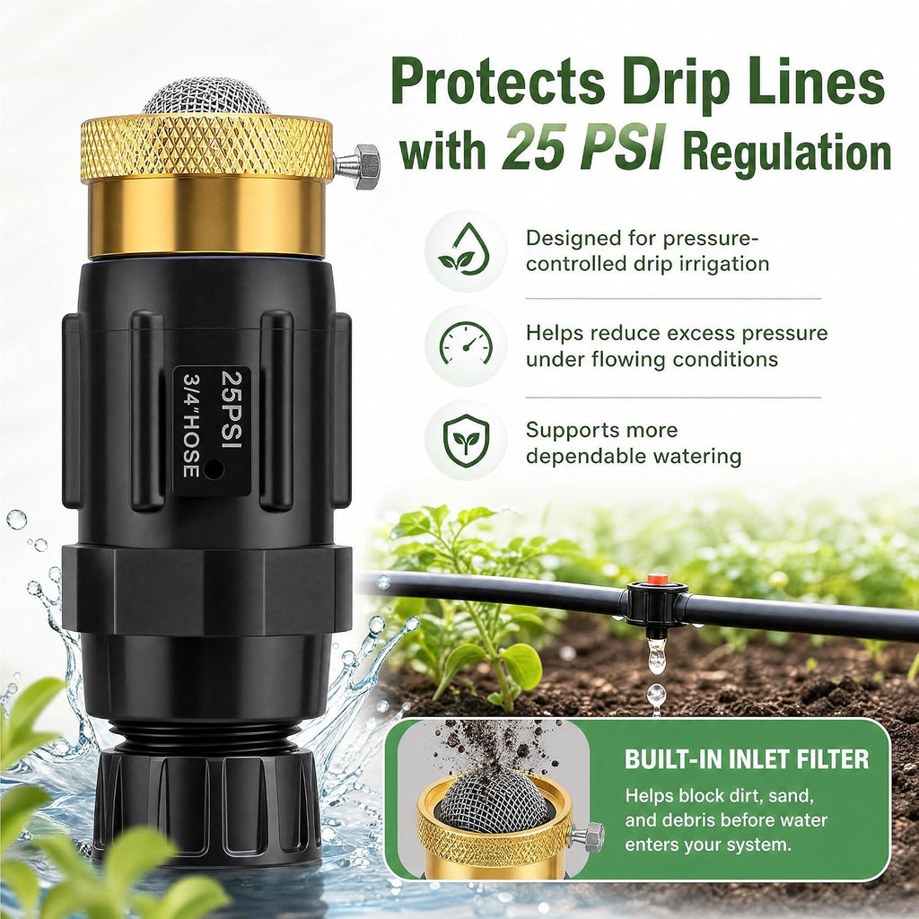 Drip Irrigation Faucet Adapter, 25 PSI, 1/2 and 1/4 in, 2-Pack | Two preassembled 3/4 in GHT units with 150 mesh
