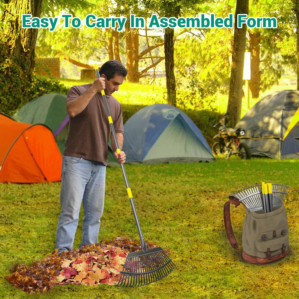 Adjustable Garden Rake for Leaves 36-73" Long Handle, 18" Wide, Heavy Duty with 25 Metal Tines ，Includes 32Gallon Leaf