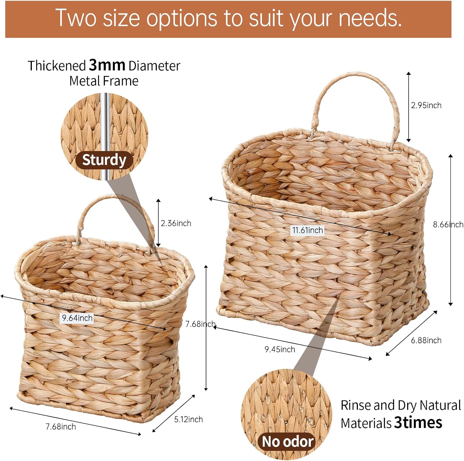 Coeusy Set of 2 Hanging Basket, Wicker Wall Basket for Door,Mail,Flower,Planters, Natural Water Hyacinth Storage Basket