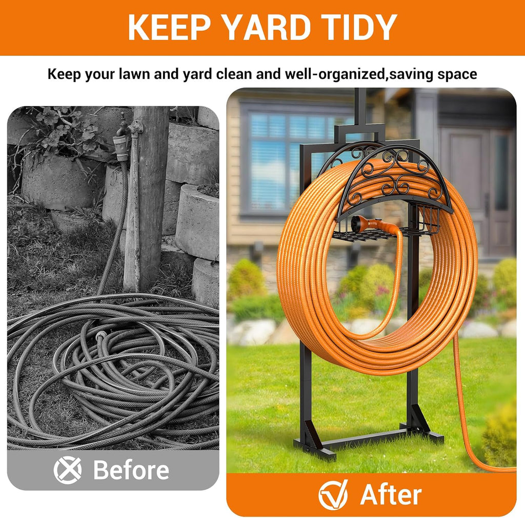 Garden Hose Holder with Shepherds Hooks - Freestanding Metal Water Hose Holder Stand Holds 160ft, Heavy Duty Garden