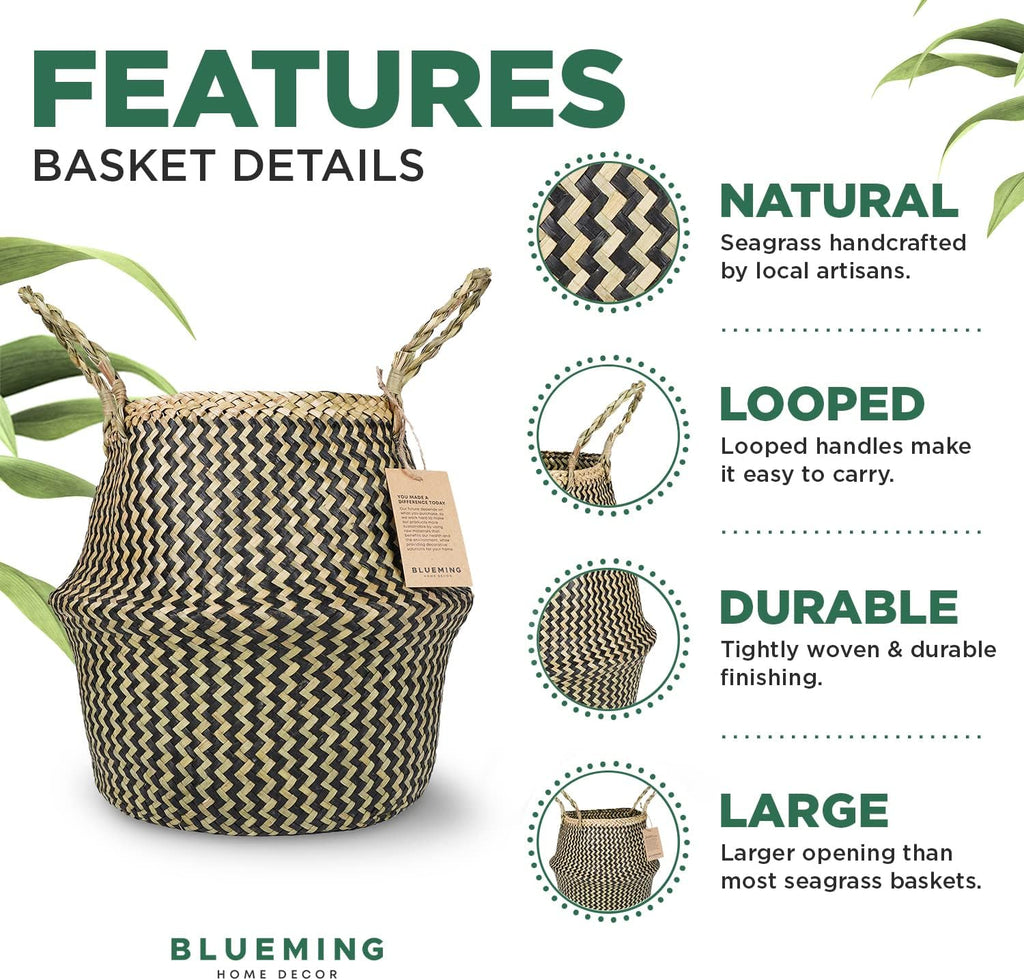 Blueming Home Wicker Plant Basket – Large Seagrass Floor Pot for Faux Olive Tree or Snake Plant, Black Decorative Woven