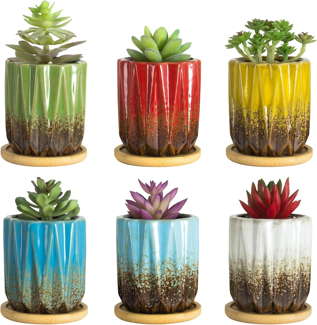 Succulent Pots, 3.15 Inch Small Plant Pots with Drainage Trays Set of 6 | Ceramic Pots for Indoor Plants Glazed Cactus
