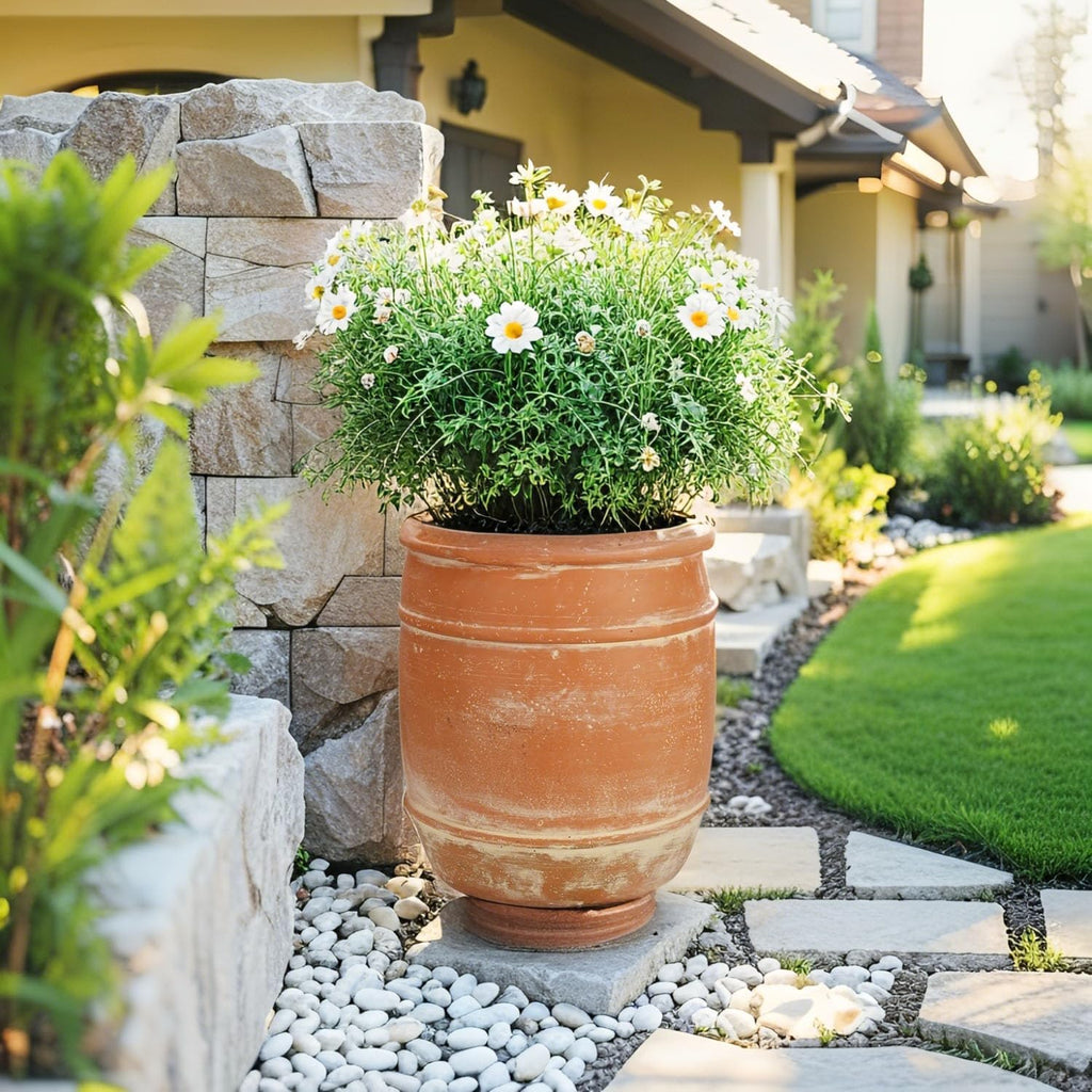 11"H x 9.5" Dia Aged Terracotta Clay Planter Pot with Drainage Hole, Rustic Farmhouse Style Flower Pot with Distressed