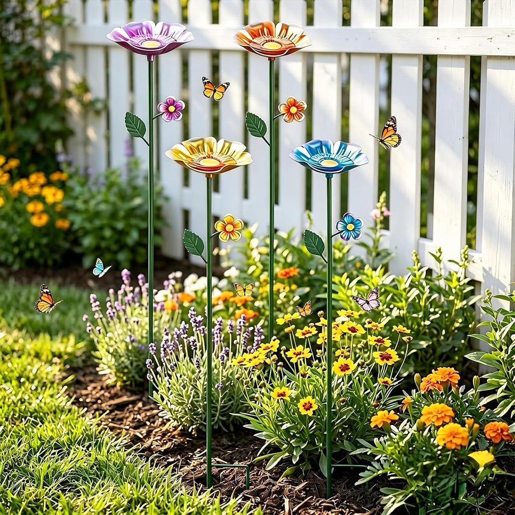 Metal 4 Pack Bee Waterer & Butterfly Bath for Outdoor Garden Flower Design | Hand-Painted Uv-Resistant Metal, Butterfly