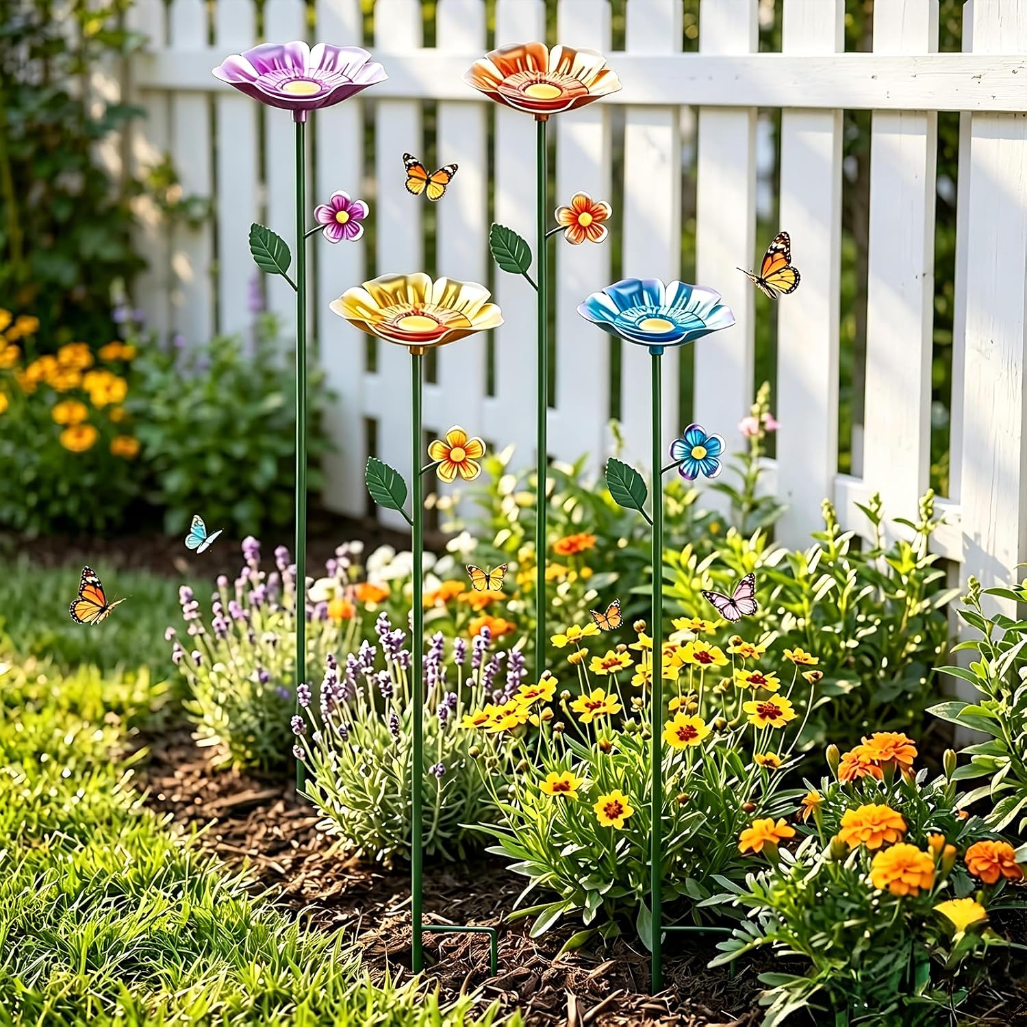 Metal 4 Pack Bee Waterer & Butterfly Bath for Outdoor Garden Flower Design | Hand-Painted Uv-Resistant Metal, Butterfly