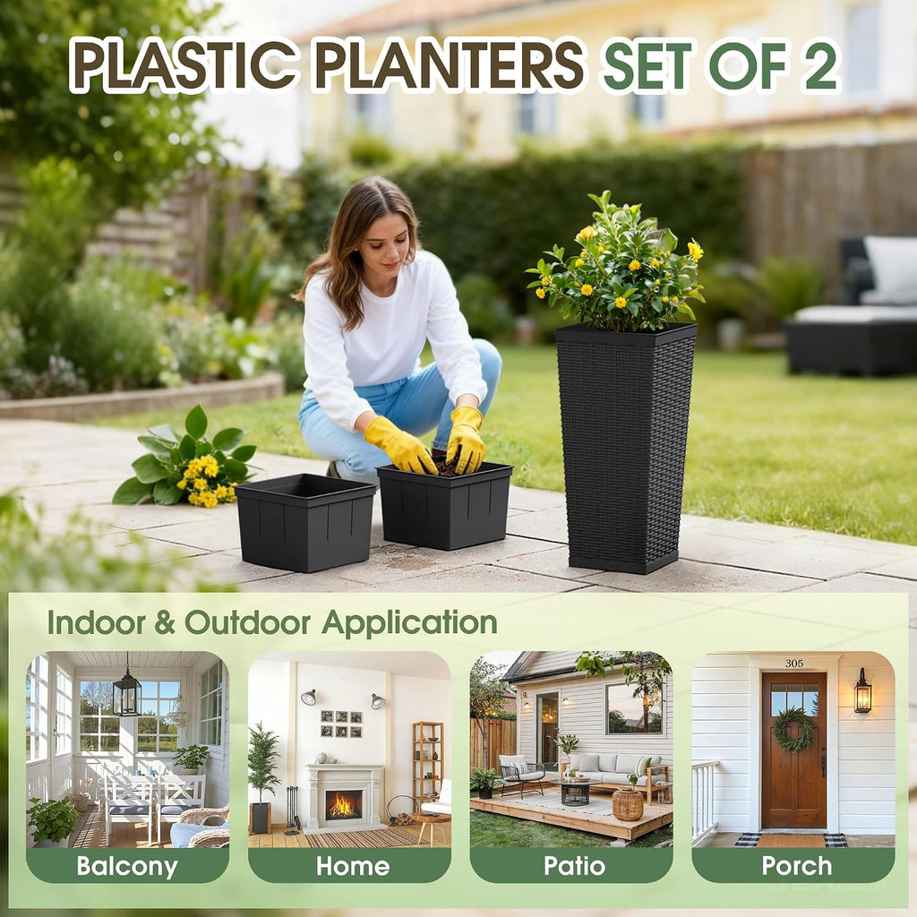 24 Inch Tall Plastic Planters (Set of 2) with Drainage Holes, Black | Detachable Inner Pot, Outdoor Decorative Flower
