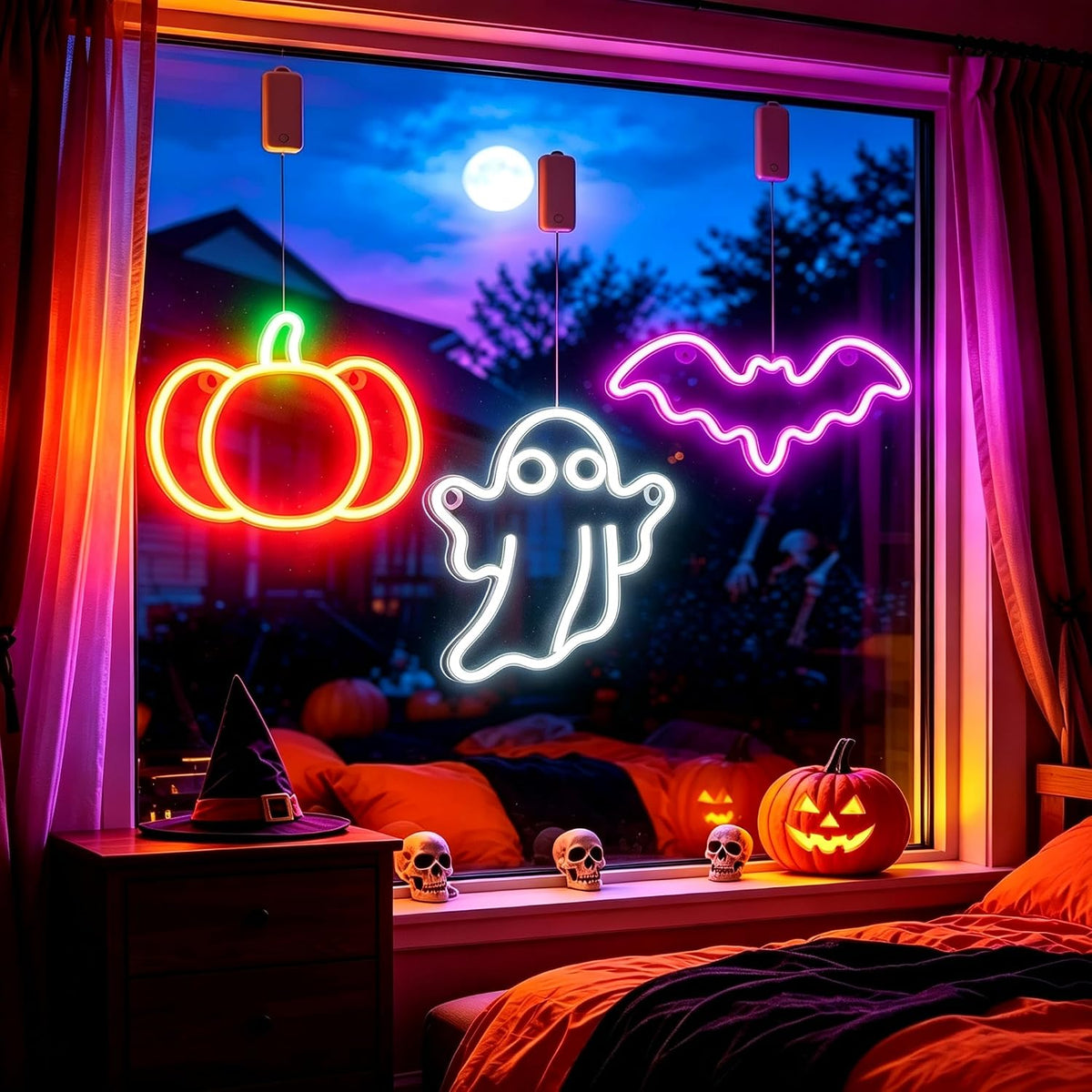 Halloween Skeleton Static Window Clings, Double Sided Ghost Bat Spider Stickers for Party