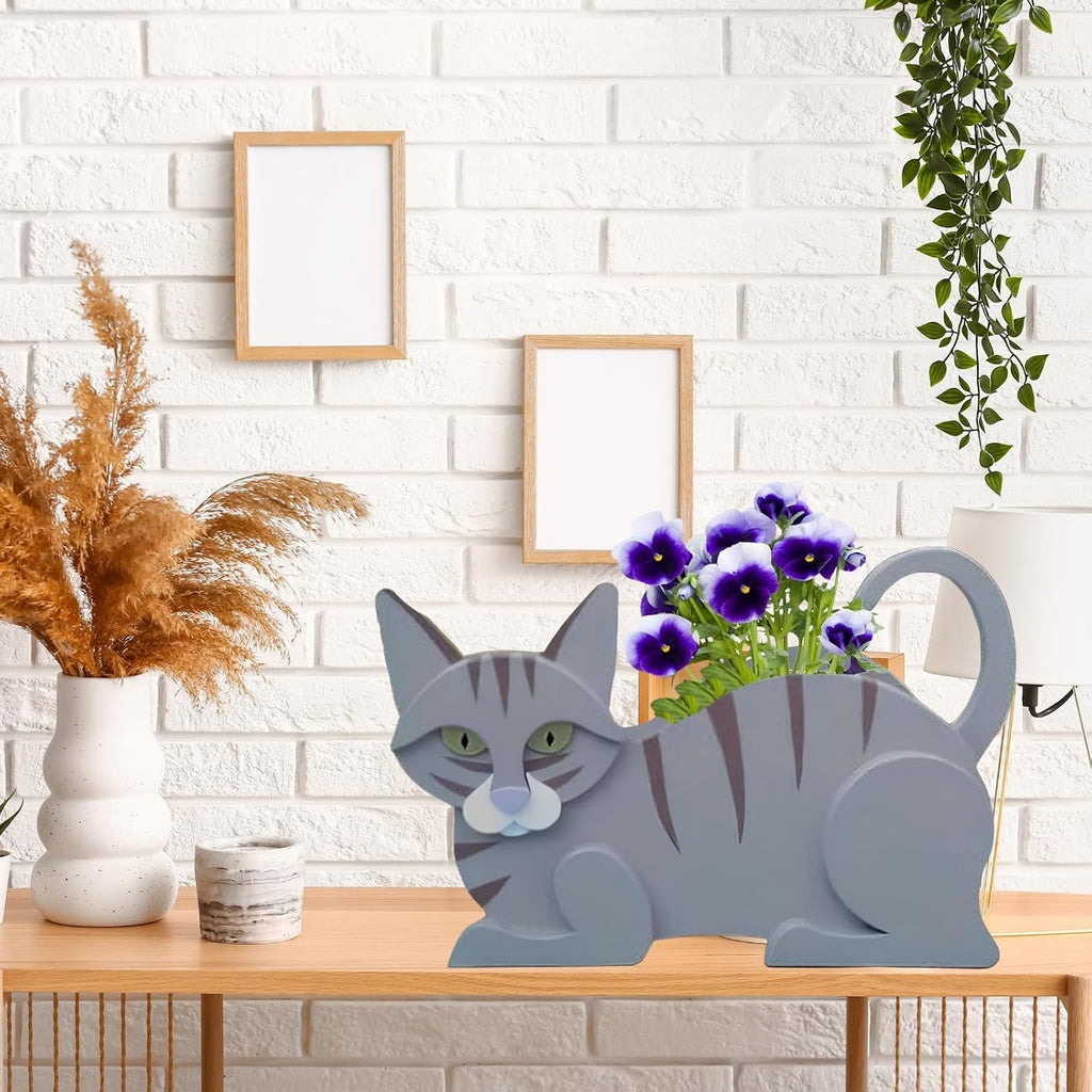 Blue Cat Planter Pots, Animal Shaped Flower Pot | Cute Plant Gift for Women and Pet Lovers, Indoor Outdoor Garden Home