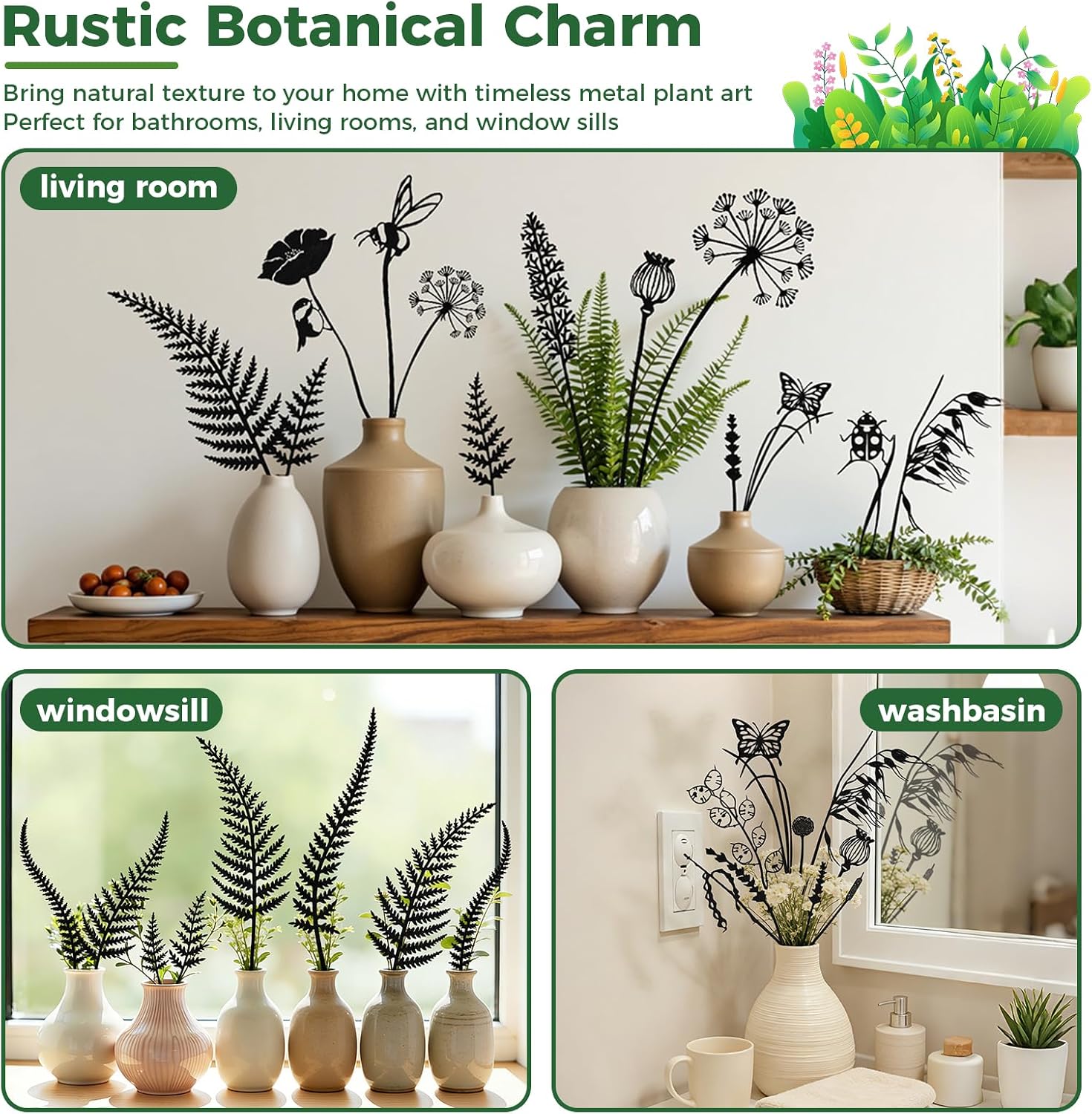 9-Piece Black Metal Butterfly Meadow Garden Stake Set | Heights from 9.8 to 11.8 in, slim push-in silhouettes for pots