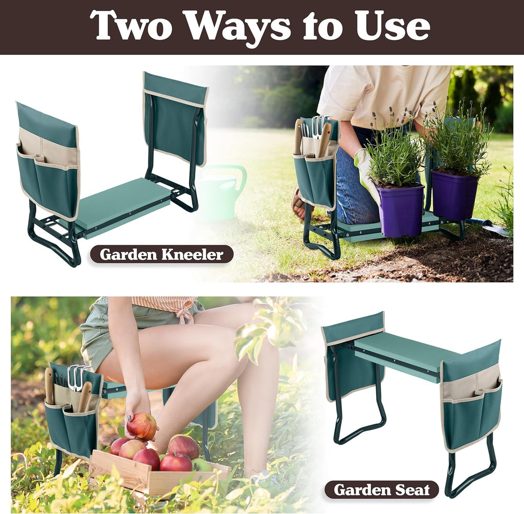 Pure Garden 2-in-1 Foldable Garden Kneeler and Seat, Green | Garden Kneeling Pad Stool - Removable Pockets for