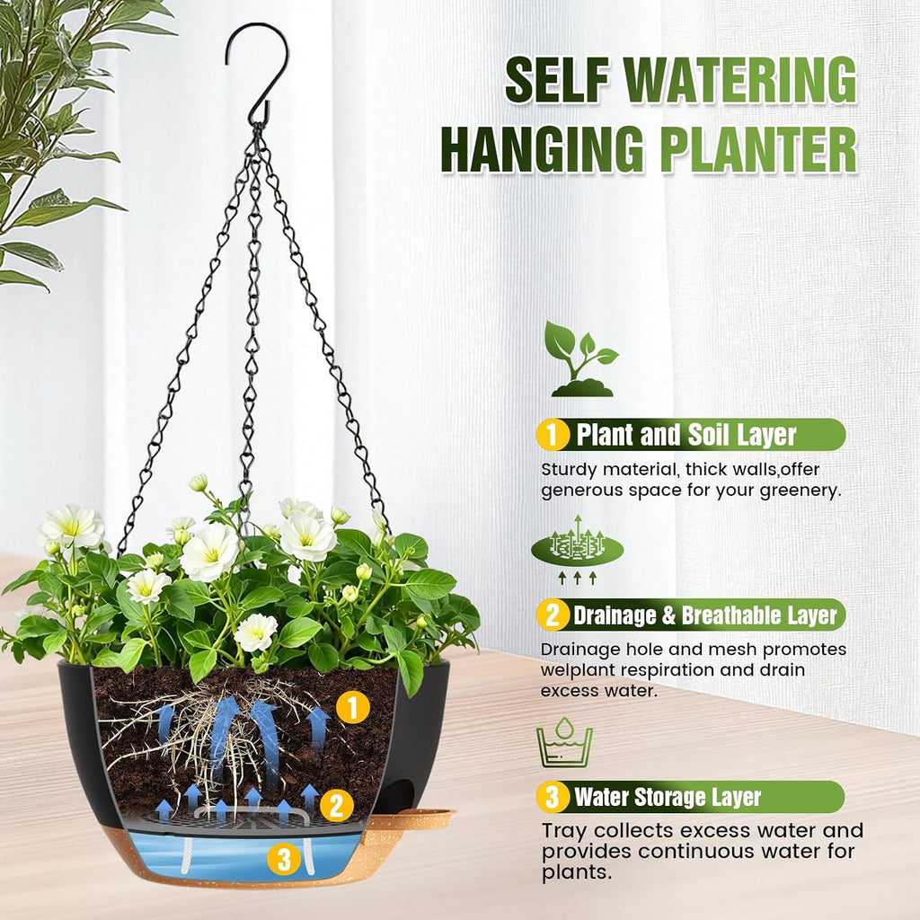 12 Inch Large Self Watering Hanging Planters 2 Pack with Saucers | Set of 2 12-inch self-watering hanging planters with