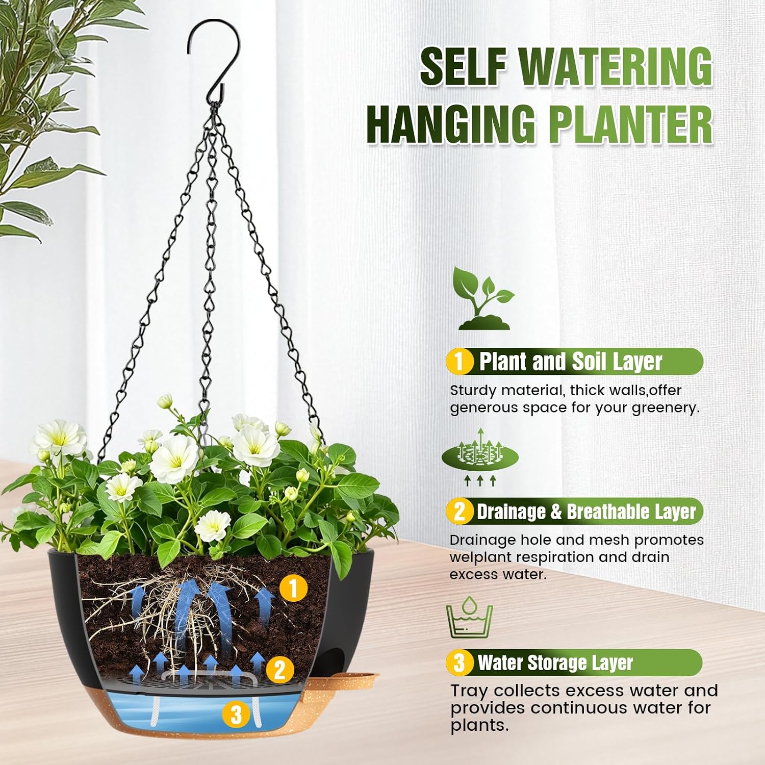 12 Inch Large Self Watering Hanging Planters 2 Pack with Saucers | Set of 2 12-inch self-watering hanging planters with