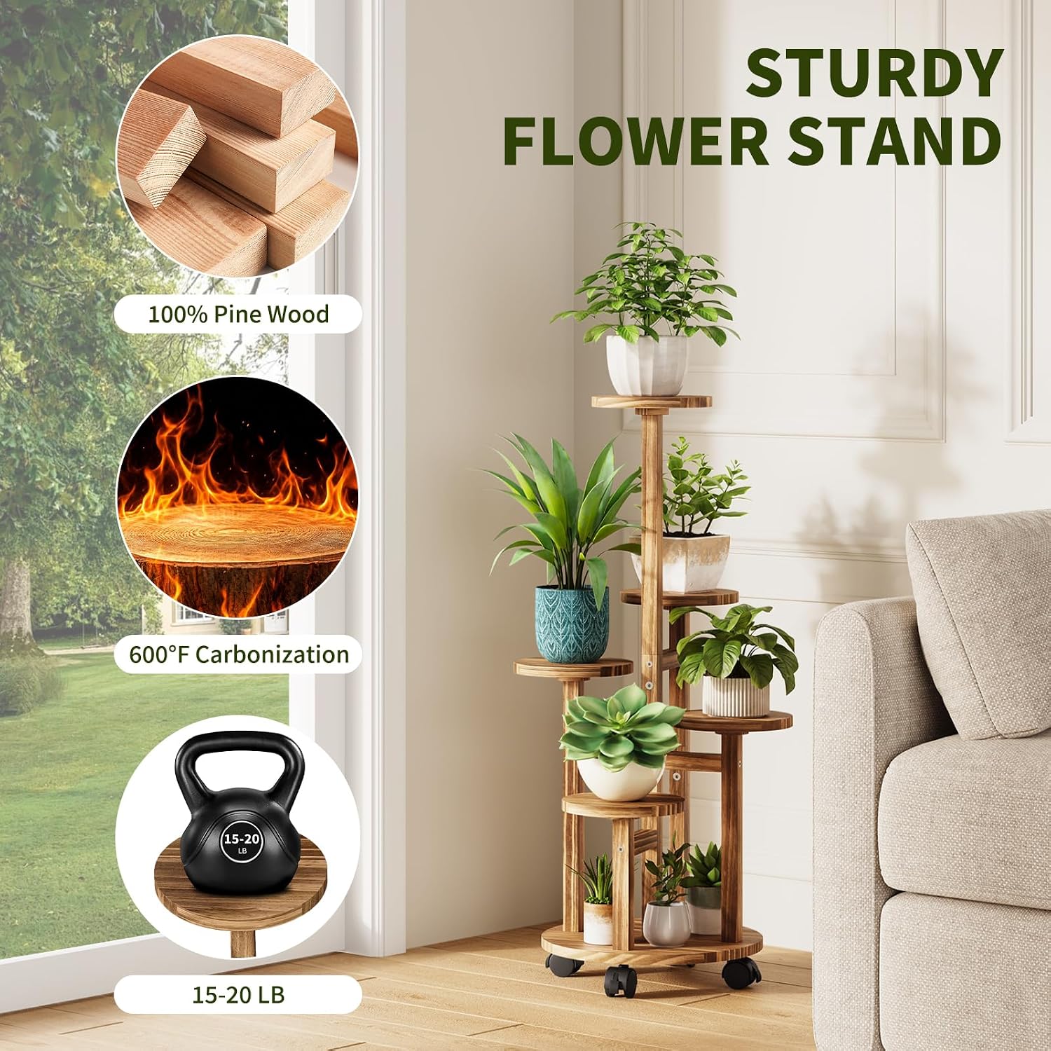 5 Tier Plant Stand - Wood Corner Plant Stand Indoor with 4 Wheels, Tall Plant Shelf for Multiple Pot Flower Stands