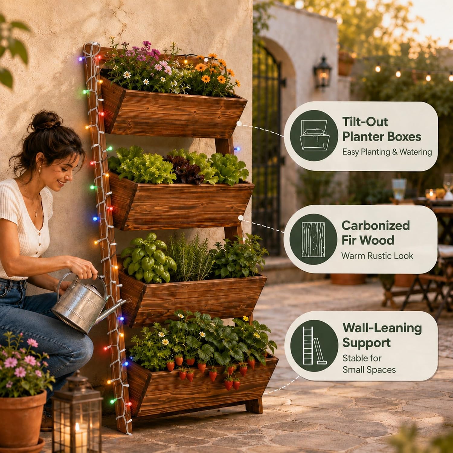 51" 4-Tier Vertical Garden Planter with LED Lights | Wooden Raised Garden Bed for Outdoor Herbs & Flowers, Wall-Leaning