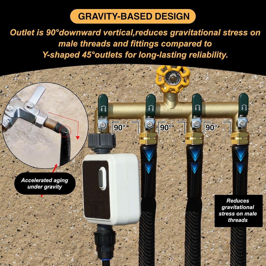 4 Way Garden Hose Splitter, 3/4" GHT Outdoor Water Spigot Splitter | Heavy Duty Solid Brass Body with Shut-off Valves &