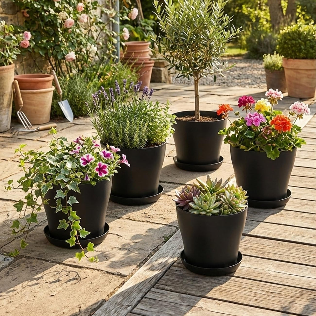 8inch Plant Pot with Large Drainage Holes &Saucer for Indoor Outdoor Plants | 6 Pack 8" Plastic Nursery Pots- Garden